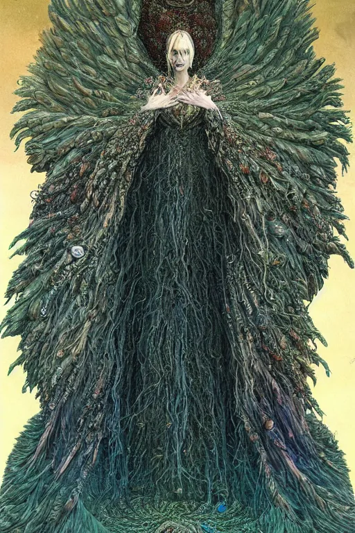 Image similar to cosmic horror eldritch lovecraftian full body portrait of eva green as the emerald queen of feathers by wayne barlowe, agostino arrivabene, denis forkas