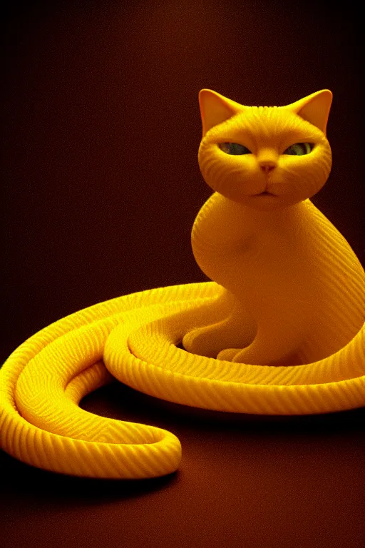 Image similar to perfectly - centered coiled yellow cat, photorealism, hd quality, 8 k resolution, cinema 4 d, hdr dramatic cinematic lighting