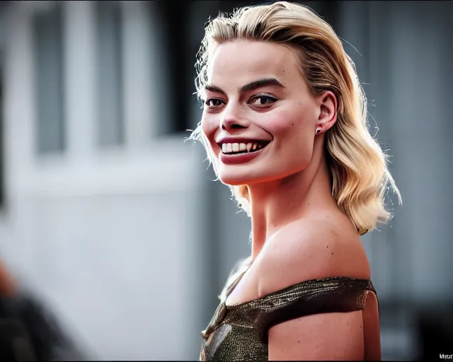 Image similar to a photo of margot robbie doing a silly face, hyper realistic face, beautiful eyes, cinematic, long shot, hyper detailed, 8 5 mm photograph, 8 k resolution, film still, sharp lens, wide lens