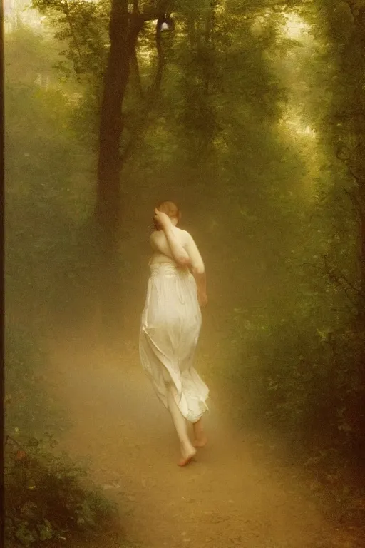 Prompt: runninh through the woods,long exposure, bouguereau