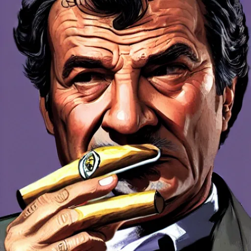 Image similar to GTAV cover art of Columbo holding a cigar