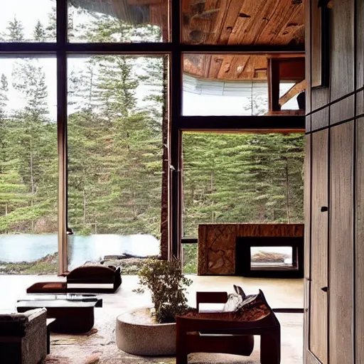 Prompt: “extravagant luxury mountain home, modern rustic, Japanese and Scandinavian influences, at sunrise”