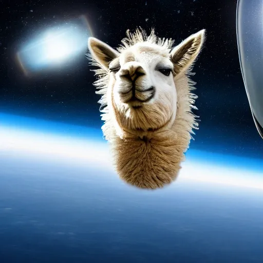 Image similar to a lama in a helmet is flying in space, 4k image.