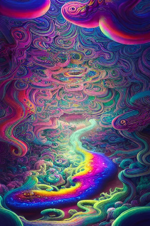 Prompt: spilled colorful liquid smoke and prismatic clouds opening portal to another dimension, dmt, psilocybin, lsd, detailed, intricate, elegant, highly detailed, digital painting, artstation, concept art, smooth, sharp focus, illustration, art by hana yata, and artem demura and beeple, octane render, unreal engine, 8 k