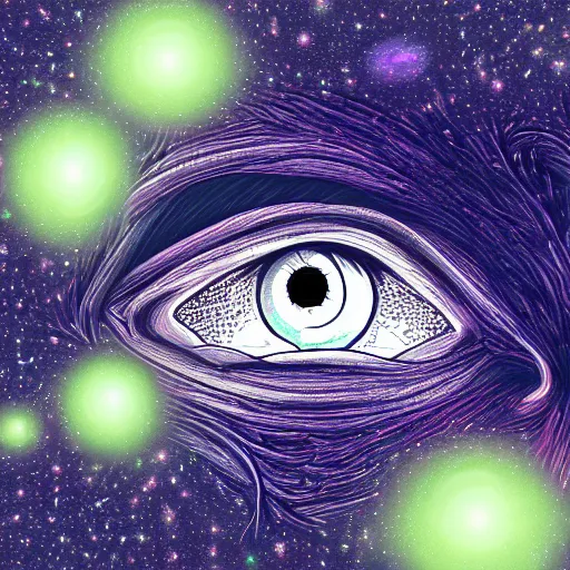 Image similar to illustration, digital art of a portrait of a person whose eyes contains the entire universe,