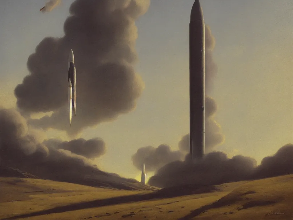 Prompt: a painting of a scifi rocket by peter ilsted