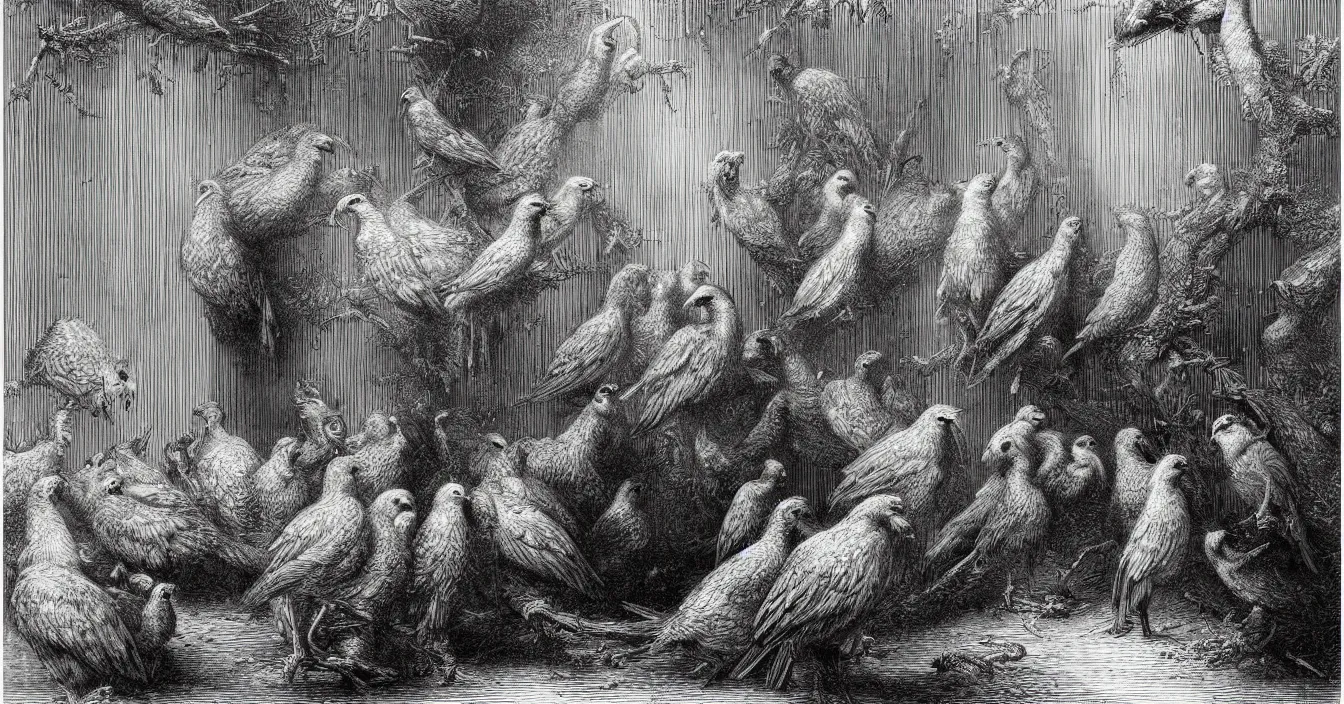 Image similar to One hundred beautiful birds are locked in a cage in the zoo, the other animals are free to graze outside the cage, by Gustave Dore