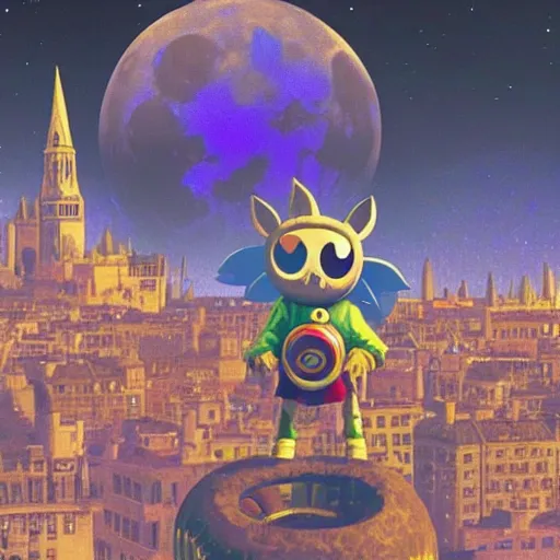 Prompt: Moon from Majora‘s Mask in the night sky over an modern European city, news report, dramatic, scary