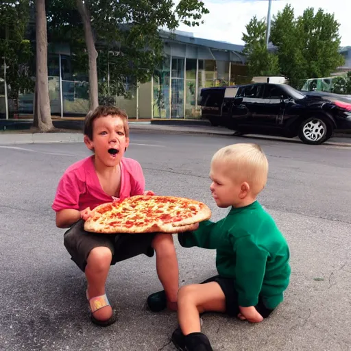 Prompt: gabriel and dresden eating pizza, outside in parking lot