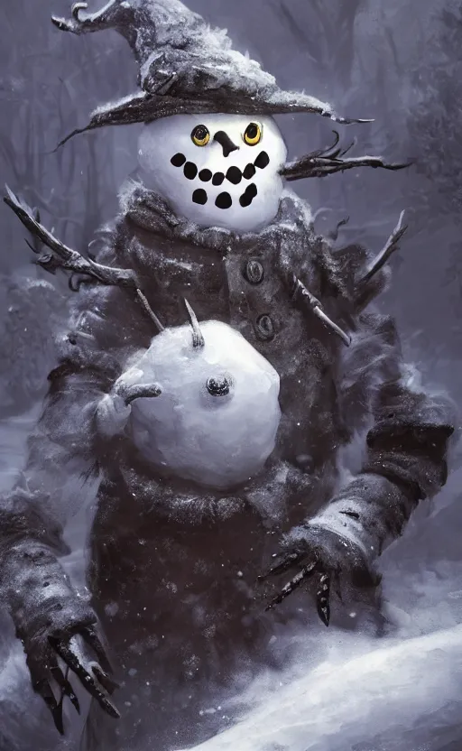 Image similar to a a full body portrait of monster jack frost the snowman, in the middle of a village in the snow, dynamic lighting, photorealistic dark fantasy concept art, trending on art station, stunning visuals, creative, cinematic, ultra detailed, scary art, monster