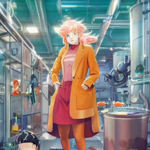 Image similar to British Pokemon original character with wild peach colored hair and heterochromia, Pixar style, beautiful woman, scientist, standing in a lab in front of a giant containment liquid filled tank, by Tristan Eaton Stanley Artgerm and Tom Bagshaw, Makoto Shinkai ilya kuvshinov and Wojtek Fus