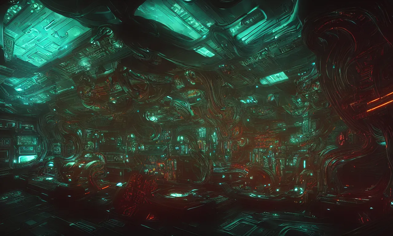Image similar to Prometheus biological sci-fi environment set glowing ship control panel, in a nightmarish universe of odd forms and somber tapestry, HR Giger and Vincent Di Fate, vivid color scheme, featured in artstation, octane render, cinematic, elegant, intricate, 8k