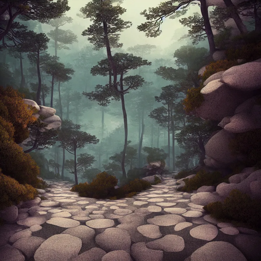 Prompt: surrealist abstract art of a stone path leading to the horizon through giant pine forests down a rocky mountain coast towards a majestic sunset. atmospheric foggy landscape, soft tones, psychedelic, ultra realistic, concept art, modern art, photorealistic, octane render.