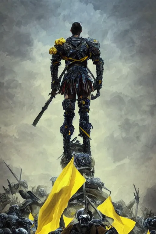 Prompt: a distant shot from behind of a Ukrainian super soldier with blue and yellow flag behind him standing alone on a huge pile of skulls as a winner, masculine muscular figure, D&D, fantasy, intricate, elegant, highly detailed, extremely detailed, digital painting, artstation, concept art, matte, sharp focus, symmetrical, hyperrealistic, illustration, art by Artgerm and Greg Rutkowski and Alphonse Mucha