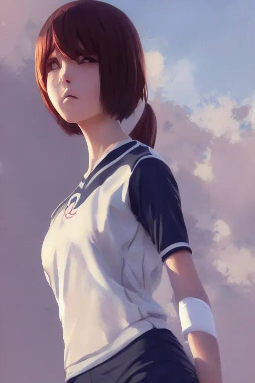 Image similar to A ultradetailed beautiful panting of a stylish girl wearing a volleyball jersey, Oil painting, by Ilya Kuvshinov, Greg Rutkowski and Makoto Shinkai