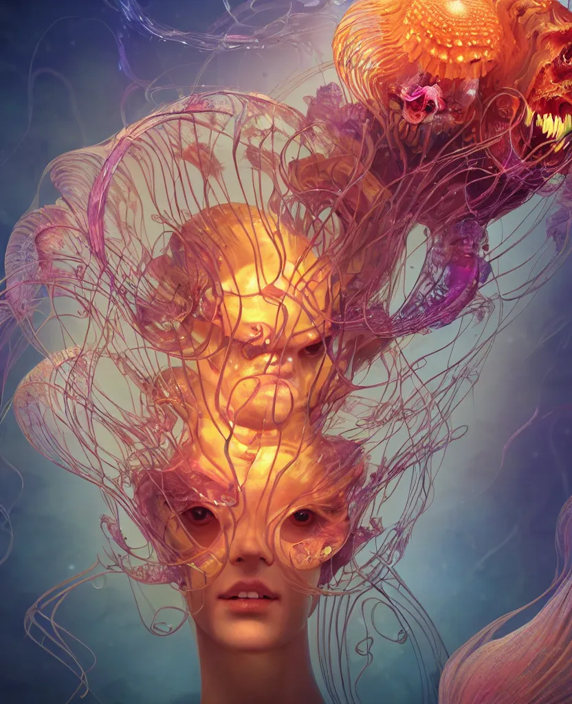 Image similar to close-up portrait of the face of a beautiful princess in a twisted flowers orchid jellyfish mask surrounded by energy flow, epic angle and pose, symmetrical artwork, 3d with depth of field, blurred background, floating jellyfish skull phoenix bird, translucent, nautilus, energy flows of water and fire. a highly detailed epic cinematic concept art CG render. made in Maya, Blender and Photoshop, octane render, excellent composition, cinematic dystopian brutalist atmosphere, dynamic dramatic cinematic lighting, aesthetic, very inspirational, arthouse. y Greg Rutkowski, Ilya Kuvshinov, WLOP, Stanley Artgerm Lau, Ruan Jia and Fenghua Zhong