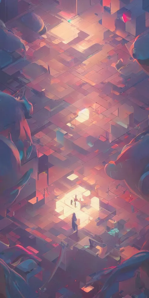 Image similar to highly detailed happy abstract geometric painting, stephen bliss, unreal engine, greg rutkowski, loish, rhads, beeple, makoto shinkai and lois van baarle, ilya kuvshinov, rossdraws, tom bagshaw, global illumination, detailed and intricate environment