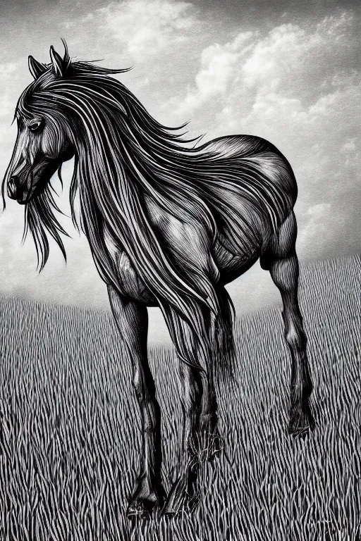 Image similar to horse in a field, symmetrical, highly detailed, digital art, sharp focus, trending on art station, kentaro miura manga art style