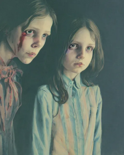 Image similar to two beautiful but creepy siblings wearing oxford shirts in layers of fear, with haunted eyes, 1 9 7 0 s, seventies, wallpaper, a little blood, morning light showing injuries, delicate embellishments, painterly, offset printing technique, by brom, robert henri, walter popp
