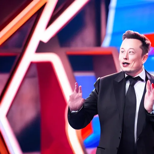 Prompt: elon musk singing with a microphone on americas got talent, tomatoes and anchors being thrown at him, 4 k photograph