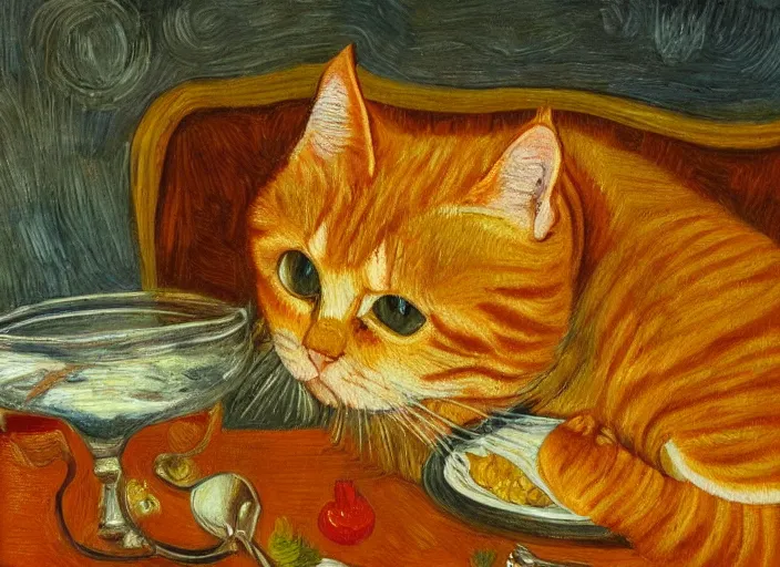 Image similar to detailed realistic realism painting of orange tabby cat eating lasagna at dusk, in the style of vincent van gogh and salvador dali and leonardo da vinci