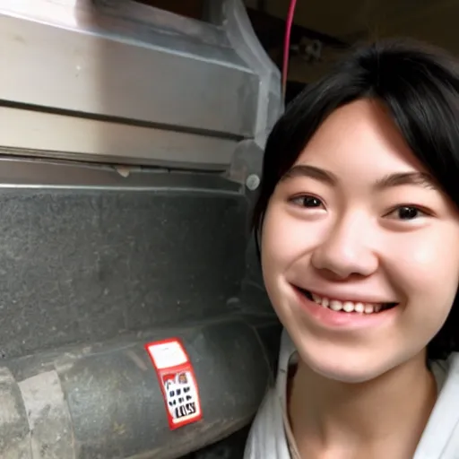 Image similar to a strange looking bust of a 1 9 years old japanese girl, smiling, found in the vent system