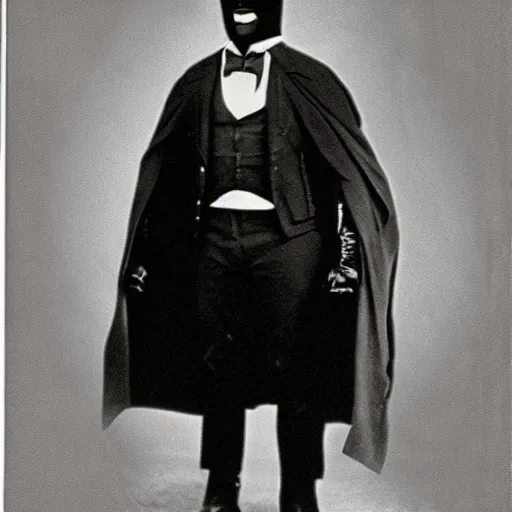 Prompt: photo of 1800s black man dressed as Batman