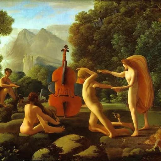 Prompt: ethereal landscape, elves, fauns, musicians, claude poussin