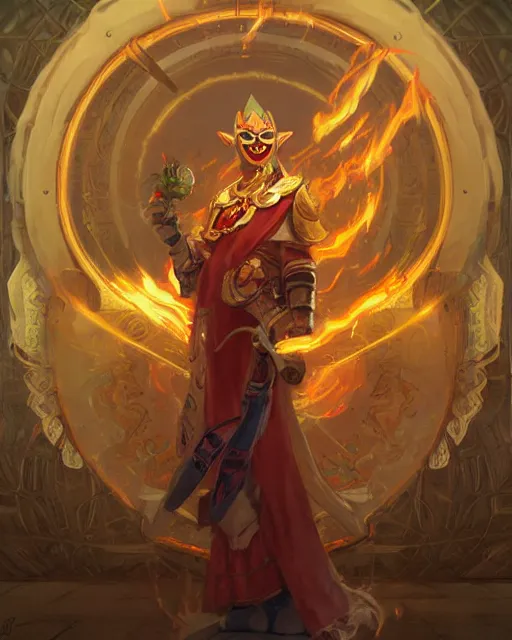 Image similar to happy mask salesman from zelda, full body photo, flames everywhere, highly detailed, digital painting, artstation, concept art, smooth, sharp focus, illustration, art by artgerm and greg rutkowski and alphonse mucha and wlop