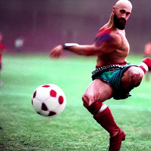 Prompt: photo of kratos god of war playing soccer cinestill, 800t, 35mm, full-HD