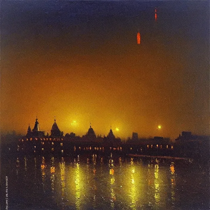 Prompt: belgrade at night, arkhip kuindzhi painting, oil painting, luminous light, blue palette