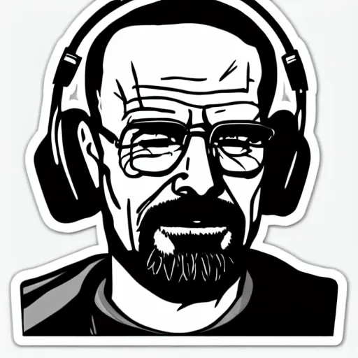 Image similar to a breaking-bad-walter-white, svg sticker, vector art, wearing headphones, jamming to music