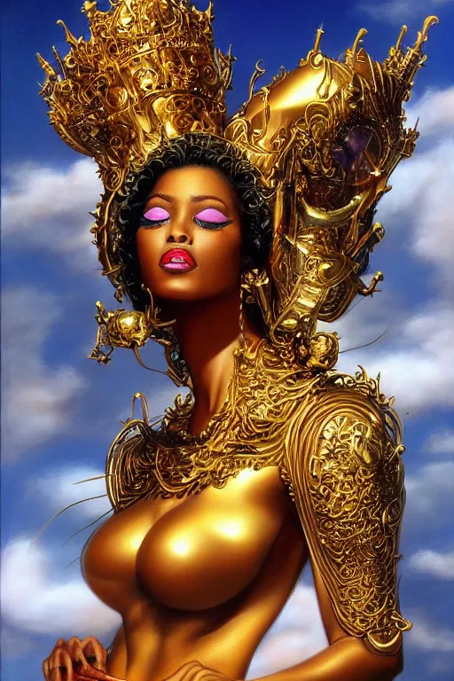 Prompt: an amazing airbrush painting of a beautiful golden queen reigning a black fantasy land, by hajime sorayama and boris vallejo, realistic, detailed, dynamic, centered, trending on artstation,