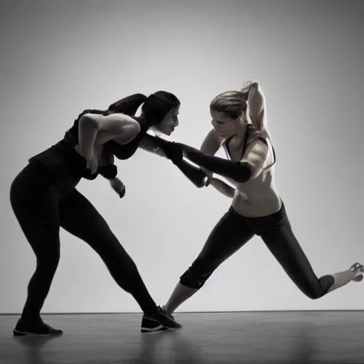 Prompt: two women fighting, hard lighting, rule of thirds, spotlight, full body scene, by dirk dzimirsky, by arthur curry, by dylan eakin, hyperrealistic charcoal