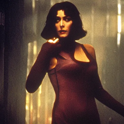 Image similar to a movie still of monica belluci as rachael in blade runner