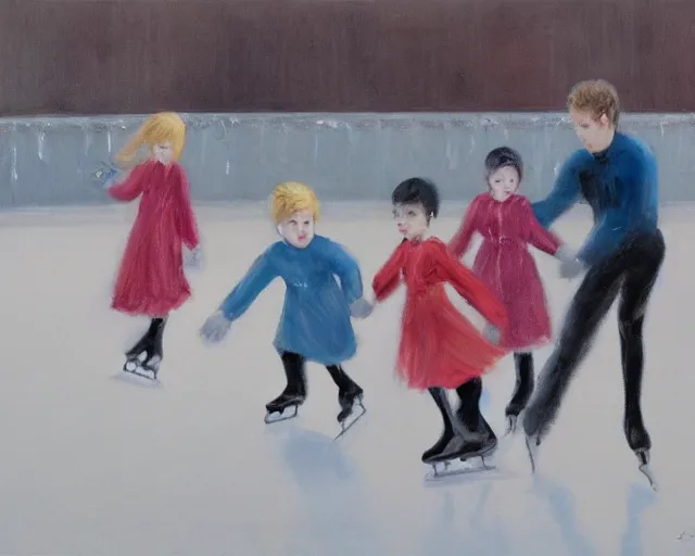 Prompt: Children ice skating. Oil painting by Lisa Yuskavage.