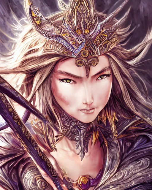 Image similar to A beautiful female warrior being killed by a witch, beautiful face, highly detailed face, close-up, fantasy art, female art, in the style of masami kurumada, illustration, epic, fantasy, intricate, hyper detailed, artstation, concept art, smooth, sharp focus, ray tracing