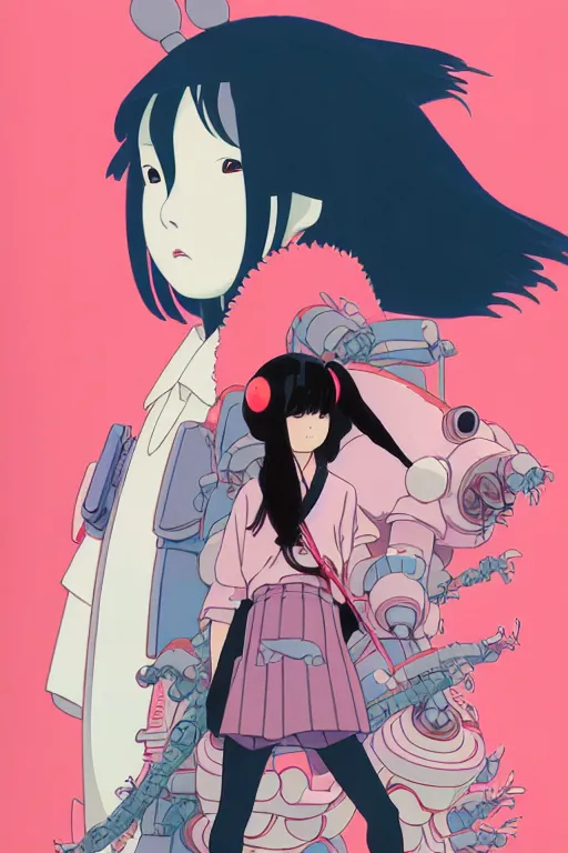 Image similar to Artwork by James Jean, Phil noto and studio ghibli ; (1) a young Japanese future samurai police lady named Yoshimi battles an (1) enormous evil natured carnivorous pink robot on the streets of Tokyo; Japanese shops and neon signage; crowds of people running; Art work by Phil noto and James Jean