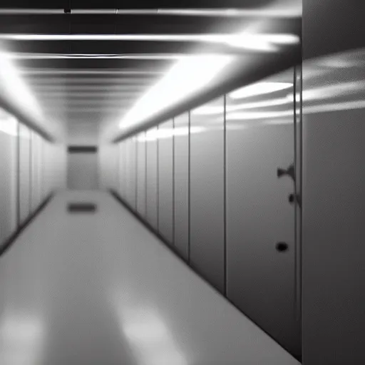 Image similar to holding cells in underground lab, sterile, clean, cinematic, liminal space, unreal engine, in-game screenshot, cctv footage, black and white, blurry