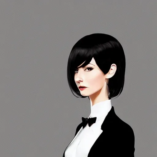 Prompt: slim cruel business girl in tuxedo with black bob hair, elegant, 2d, ultra highly detailed, digital painting, smooth, sharp focus, artstation, art by Ilya Kuvshinov