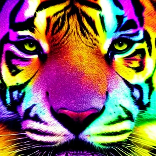 Prompt: a rainbow tiger. A beautiful portrait of a tiger with stunning rainbow fur. Beautiful digital art