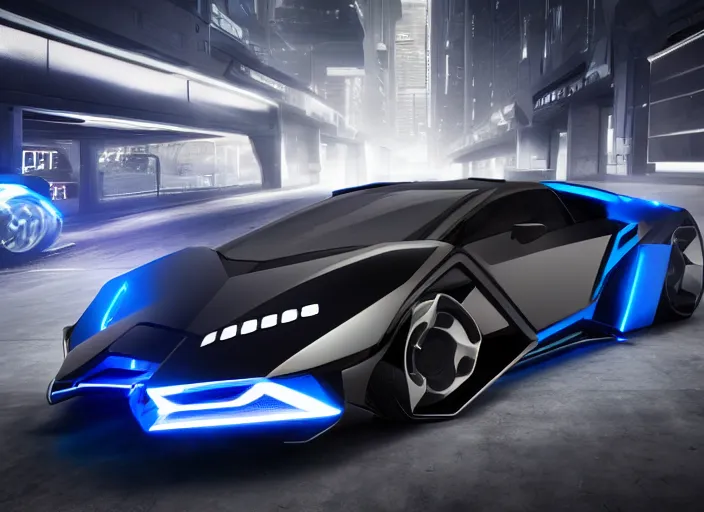 Image similar to cyberpunk lamborghini concept inspired car, futuristic look, highly detailed body, aerodynamic body, photorealistic camera shot, bright studio setting, studio lighting, crisp quality and light reflections, unreal engine 5 quality render