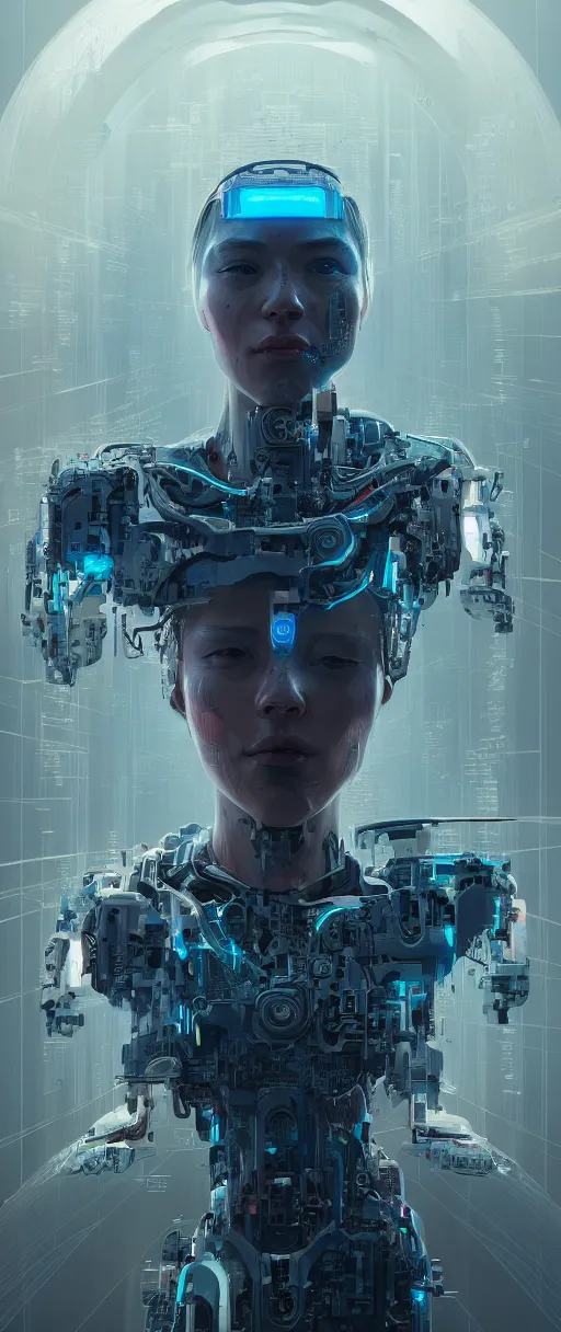 Image similar to portrait of a female cyborg. intricate abstract. intricate artwork, by tooth wu, wlop, beeple, dan mumford. concept art, octane render, trending on artstation, greg rutkowski very coherent symmetrical artwork. cinematic, key art, hyper realism, high detail, octane render, 8 k, iridescent accents