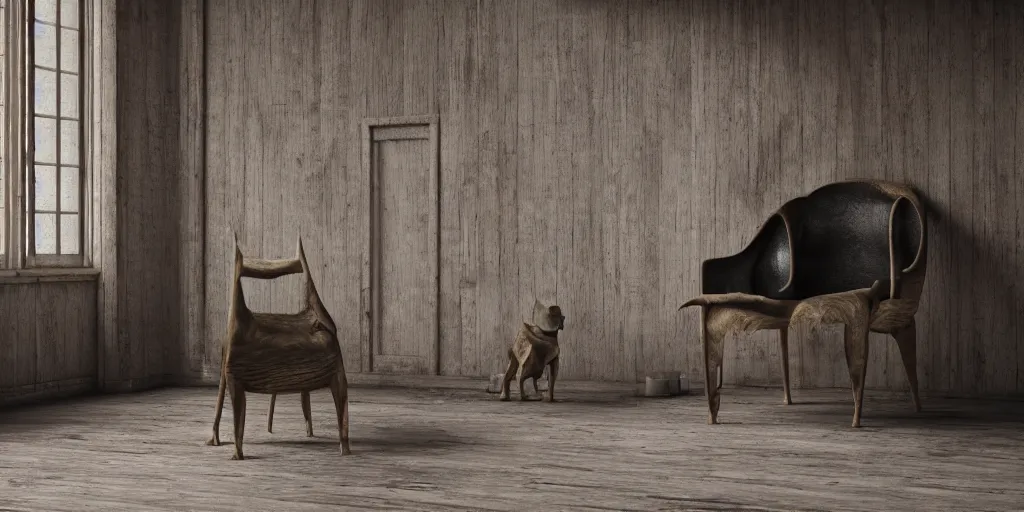 Prompt: dog armchair in an empty wooden cabin, by h. r. giger, soft natural volumetric lighting, beautifully detailed 4 k octane render, 4 k post processing