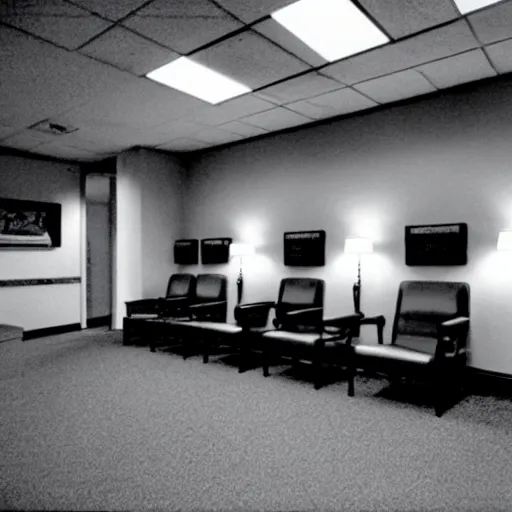 Image similar to Nostalgic waiting room, lowly-lit, 1990s style, no people