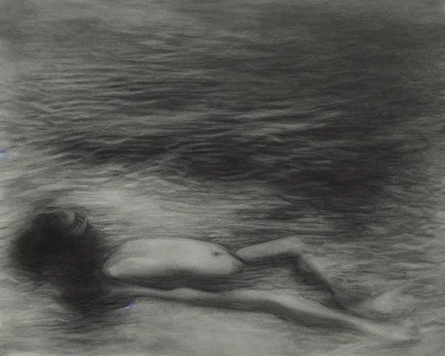 Prompt: a dreamy black and white photo of a person in the water, a surrealist painting by Nell Dorr, land art, surrealist, charcoal drawing, demonic photograph