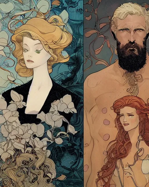 Image similar to a handsome man and a beautiful woman back to back artwork by james jean, Phil noto and rebecca guay