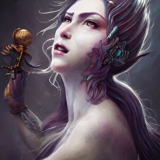 Prompt: goddess portrait, tattoo, unicorn, phoenix head, intricate artwork Tooth Wu, Greg Rutkowski, RPG, dynamic lighting, fantasy art, high contrast, depth of field, high detail, smooth gradients