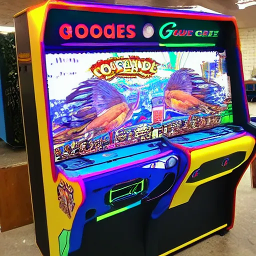 Image similar to huge arcade machine with graphics of a goose