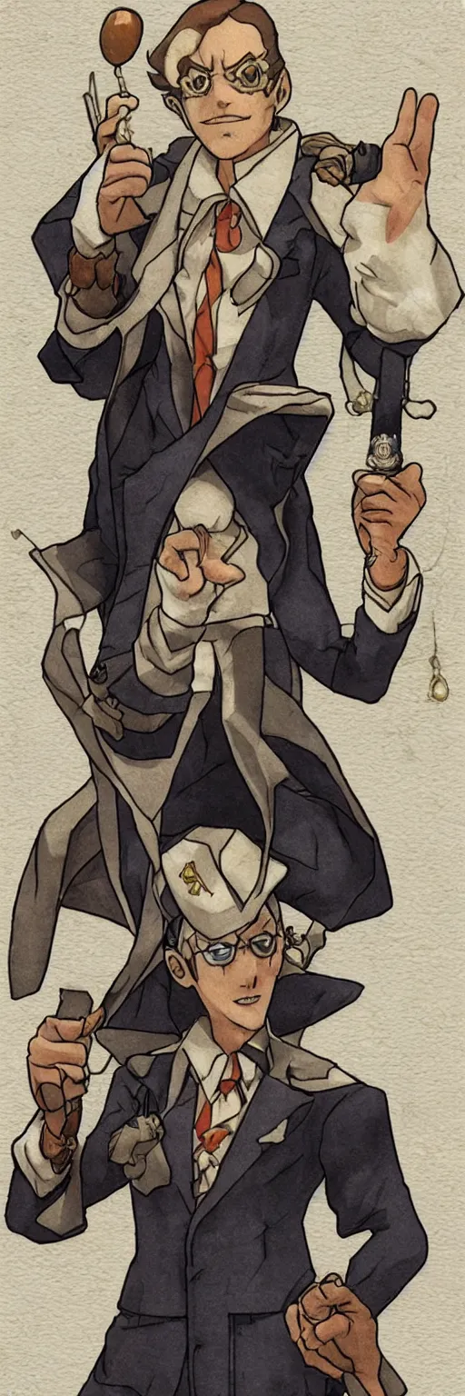 Image similar to the judge from Ace Attorney with a beam scale in one hand. Tarot card Justice, impressive art, detailed, single subject, high quality